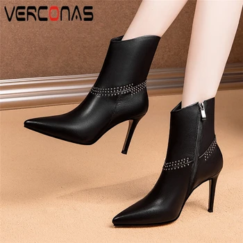 

VERCONAS Women Ankle Boots Autumn Winter Concise Rivets Shoes Woman Pointed Toe Thin Heels Office Lady Genuine Leather Zip Boots