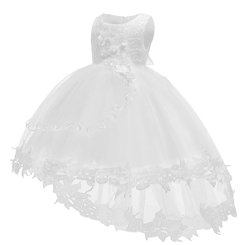Кружевное платье принцессы для девочек, платье принцессы с бантом, многослойное Сетчатое платье в подарок, платье для дня рождения, платье для девочек 3-10 лет - Цвет: White