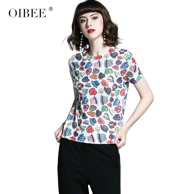 

OIBEE2019 new women's sweater top loose large size sweater thin section spring and autumn short sleeve bottoming printing