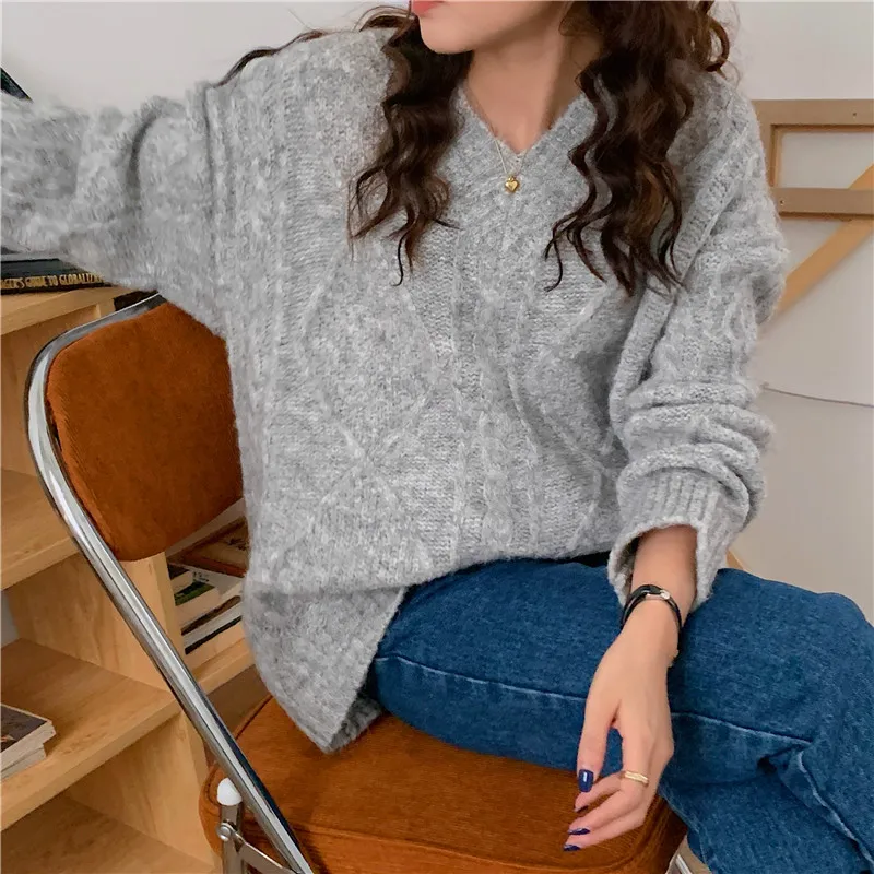 

Casual Pullover Korean Autumn and Winter New Lazy Wind Twist Sweater Women Loose V-neck Thick Sweater Soft Pull Femme Top 17813