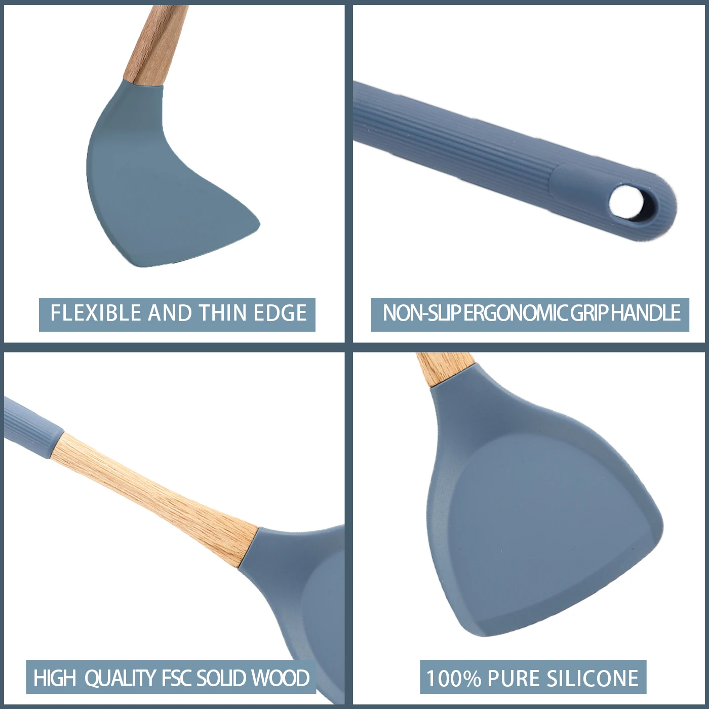 Kitchen Cooking Utensils Set Silicone Wooden Handle Spatula Flex Turner Spoon Ladle Pasta Fork Non-stick Cookware