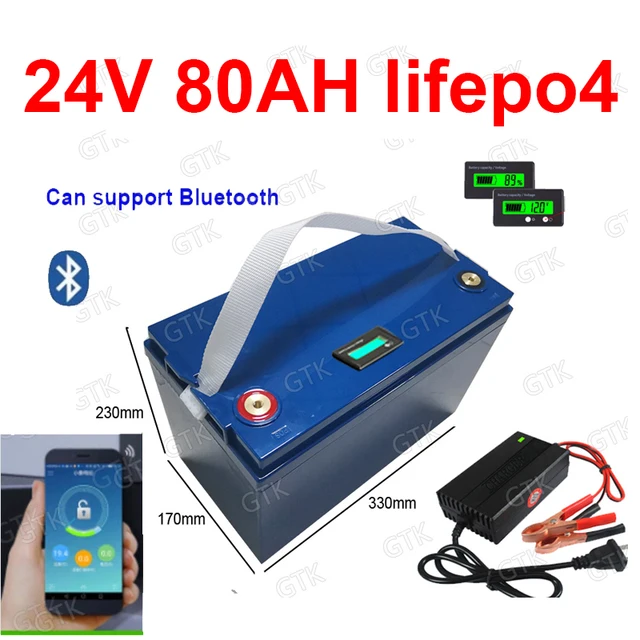 GTK 24V 80AH Lifepo4 battery lithium with bluetooth BMS for inverter solar panel scooter backup power boat light +10A Charger 1