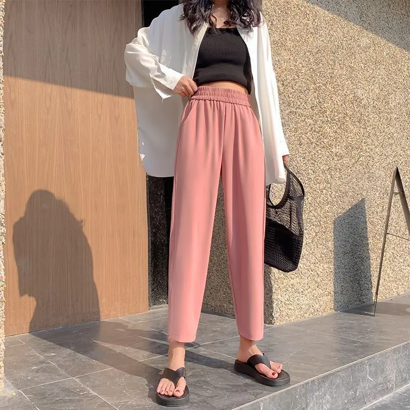Women's ice Harun pants summer thin high waist show thin loose radish Capris casual pants large granny pants elastic high waist Women's ice Harun pants summer thin high waist show thin loose radish Capris casual pants large granny pants elastic high waist