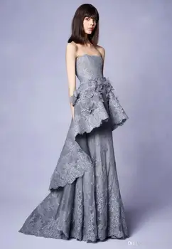

Gray Muslim Evening Dresses Mermaid Strapless Appliques Lace Flowers Dubai Saudi Arabia Long Evening Gown Prom Dress