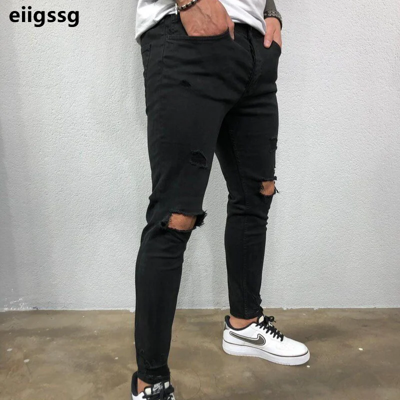 light blue jeans men Autumn Streetwear Fashion Black Ripped Jeans Men Skinny Slim Fit Blue Hip Hop Denim Trousers Casual Jeans for Men Jogging men's jeans