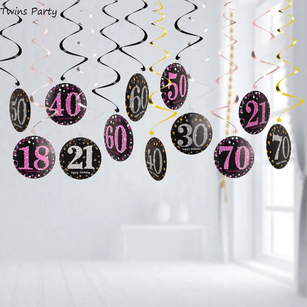 

Twins Party Happy Birthday Decoration 18 21 30 40 50 60 70 Years Hanging Swirls Spiral Ornament Adult Anniversary Party Supplies