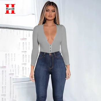 

Cotton Bodysuit Women Deep V-Neck Romper Women Skinny Long Sleeve Jumpsuits Woman Button Design Casual Bodysuits Streetwear