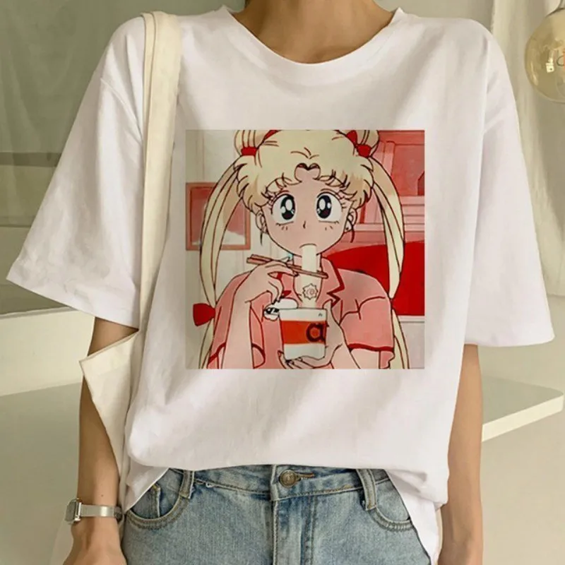 Sailor Moon/летняя новая модная футболка Женская Harajuku короткий рукав забавная футболка Ulzzang футболка с милым котом женские футболки с рисунком
