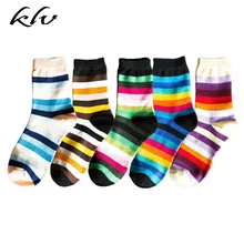 5 пар, женские радужные хлопковые носки с горизонтальными полосками, цветные Чулочные изделия
