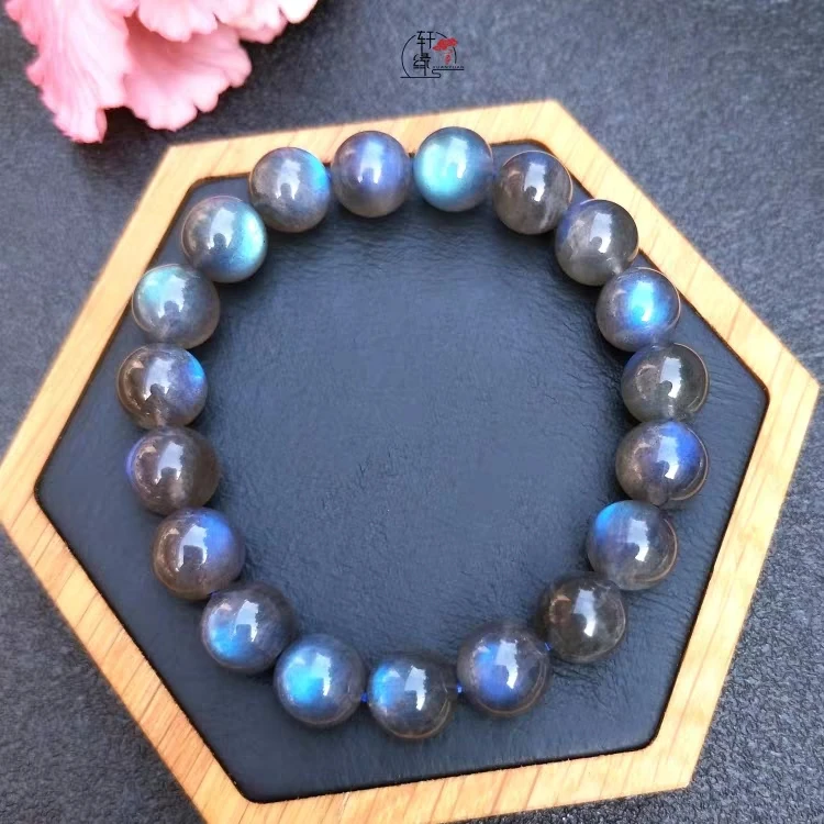 

Genuine Natural Blue Light Labradorite Crystal Round Beads Bracelet Women 8mm Grey Moonstone Stone AAAAA