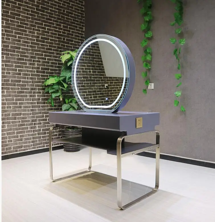 Barber shop mirror simple high-end hair salon with light hairdressing mirror stainless steel European table studio makeup