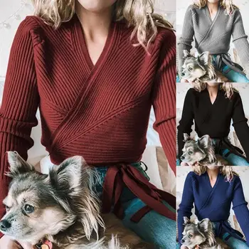 

Women Casual Solid Color V Neck Long Sleeve Waist Bandage Knitted Short Sweater