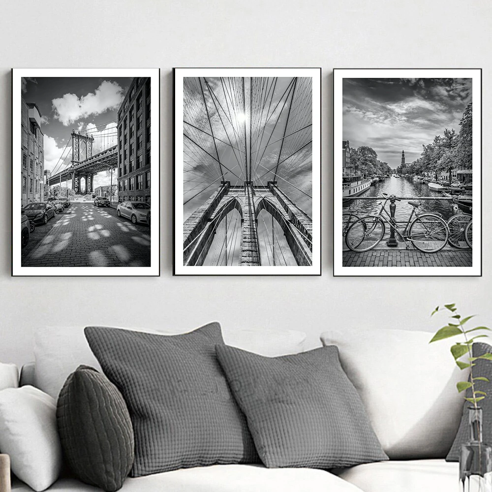 Black and White Poster Landscape Amsterdam New York Brooklyn Bridge Canvas Painting Wall Pictures for Interior Home Frameless | Дом и сад