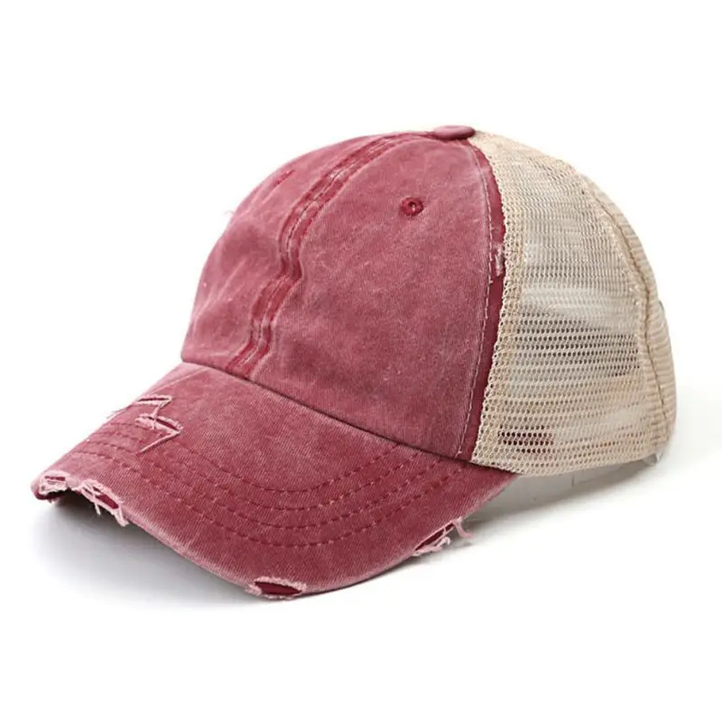 Женская летняя бейсбольная кепка с хвостиком, винтажная, с эффектом потертости, цветная, дышащая, с сеткой сзади, регулируемая, Snapback, состаренная, солнцезащитная Кепка