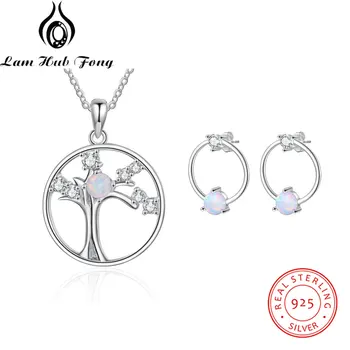 

925 Sterling Silver Opal Jewelry Sets Circle Stud Earrings for Women Tree of Life Pendants Necklaces Jewelry Set (Lam Hub Fong)