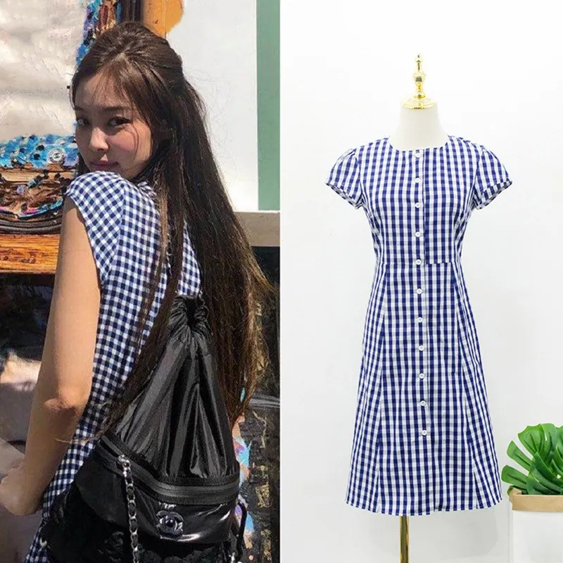 

kpop Blackpink JENNIE same summer Retro Simple Blue Plaid maxi Dress women korean streetwear party elegant Dresses girls clothes