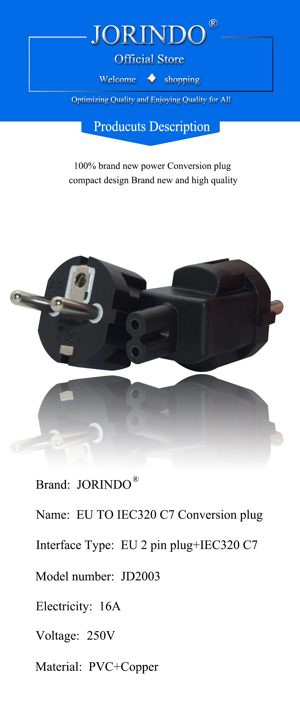 JORINDO EU 2 зубец к IEC320 C7 2 отверстия переменного тока мощность pulg, IEC320 C7 socker к ЕС(4,8 мм ноги) pulg конвертер, 16A/250 В