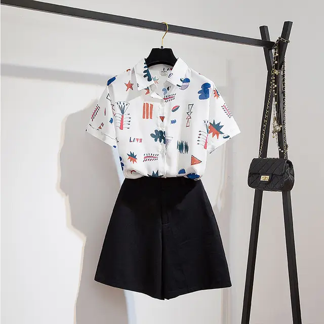 Big Size 40-200kg Fashion Cartoon Print Shirt Shorts Set for Women Summer Leisure Cozy Two-piece Clothing Sets Girl Short Sleeve Set3