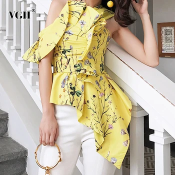 

VGH Elegant Irregular Shirts Female Skew Collar Printed Floral Long Sleeve Ruffle Off Shoulder Sexy Women Blouses 2020 Clothing