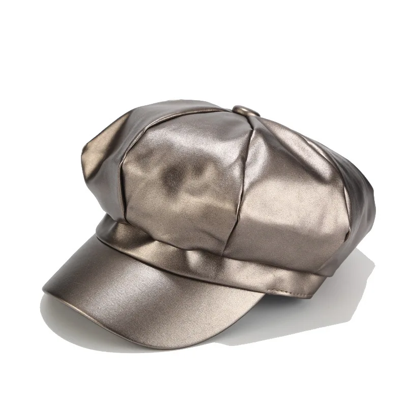 Dark gray Осенняя Женская восьмиугольная кепка из искусственной кожи, модная женская шапка, берет в стиле винтаж водитель, разносчик газет, плоская кепка, шляпа художника, простой тренд Z220 - Цвет: Dark gray
