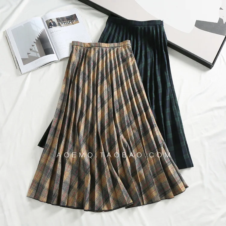 

One's Retro Lattice Texture Decorative Side Zipper High-waisted Mid-length Pleated Version Skirt Entity