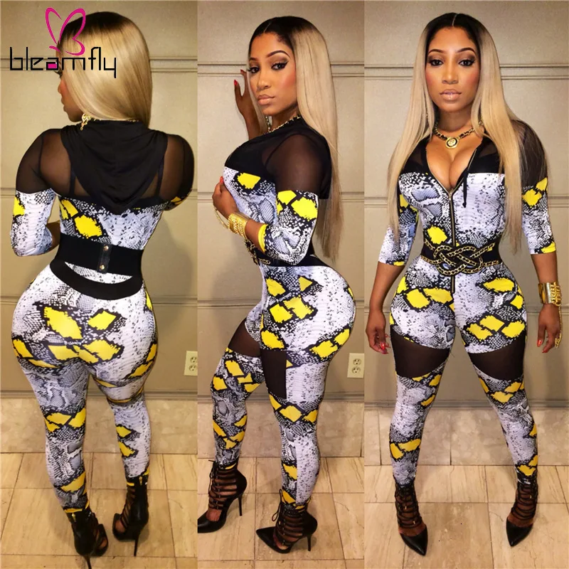 

2019 Sexy Leopard Snake Print Bodycon Jumpsuit Mesh Sexy Club Party Night Overalls One Piece Long Sleeve Rompers Women Jumpsuits