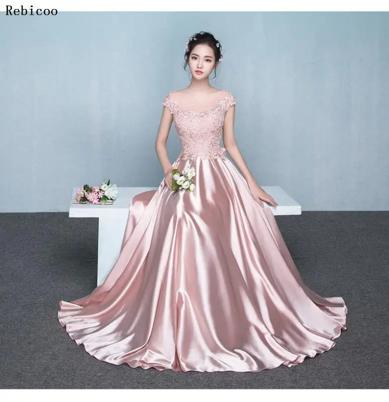 Новинка; vestido de festa; милое длинное вечернее атласное платье; вечерние кружевные красные платья без рукавов; красное торжественное платье с круглым вырезом - Цвет: Розовый