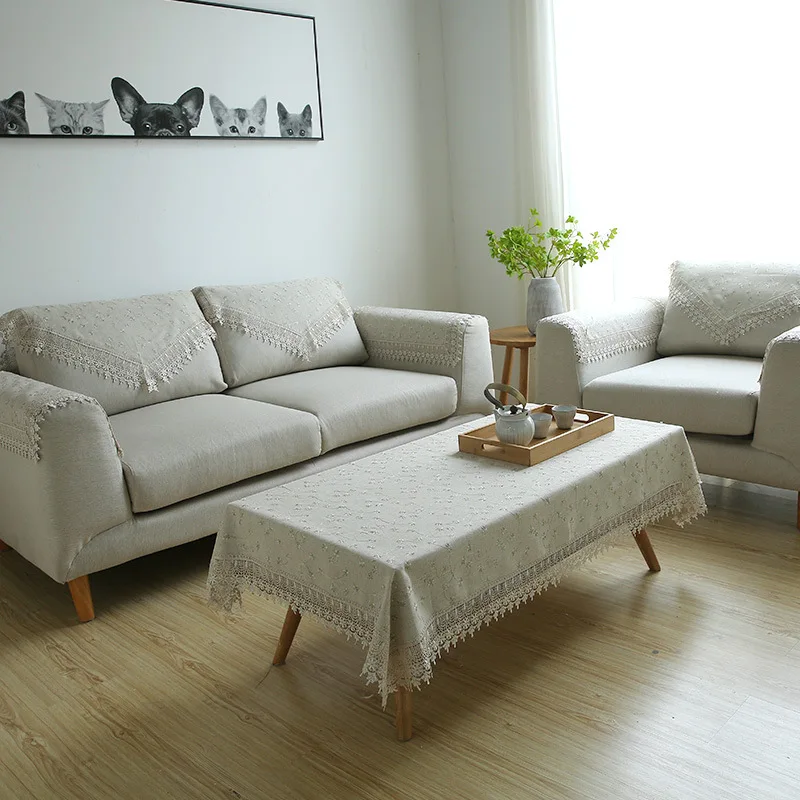 

New Style Plain Color Water Soluble Edge Cotton Linen Embroidery Anti-slip Combination Sofa Cover Armrest Towel Full Cover duo y