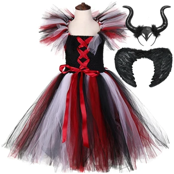 

Children Girls Maleficent Tutu Dress Villain Evil Queen Girls Fancy Party Dress Kids Halloween Carnival Cosplay Witch Costume