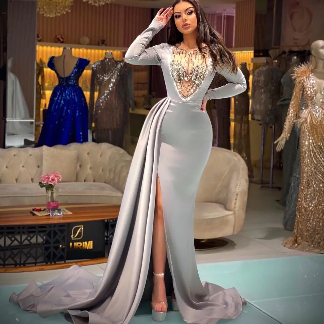 Silver Long Sleeve Evening Dresses 