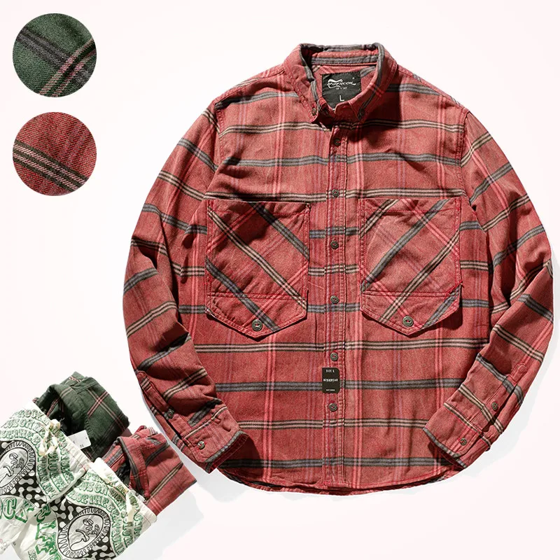 

8012# Autumn Europe America Simple Fashion Plaid Youth Long-Sleeve Blouses Washed Oxford Cloth Business Men's Multi-pocket Shirt