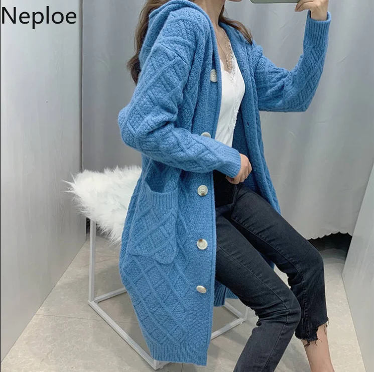 Neploe, женский свободный длинный вязаный кардиган, свитер с капюшоном, однобортный, с карманами, вязанная верхняя одежда, пальто, осень, корейский топ, джемпер 55299