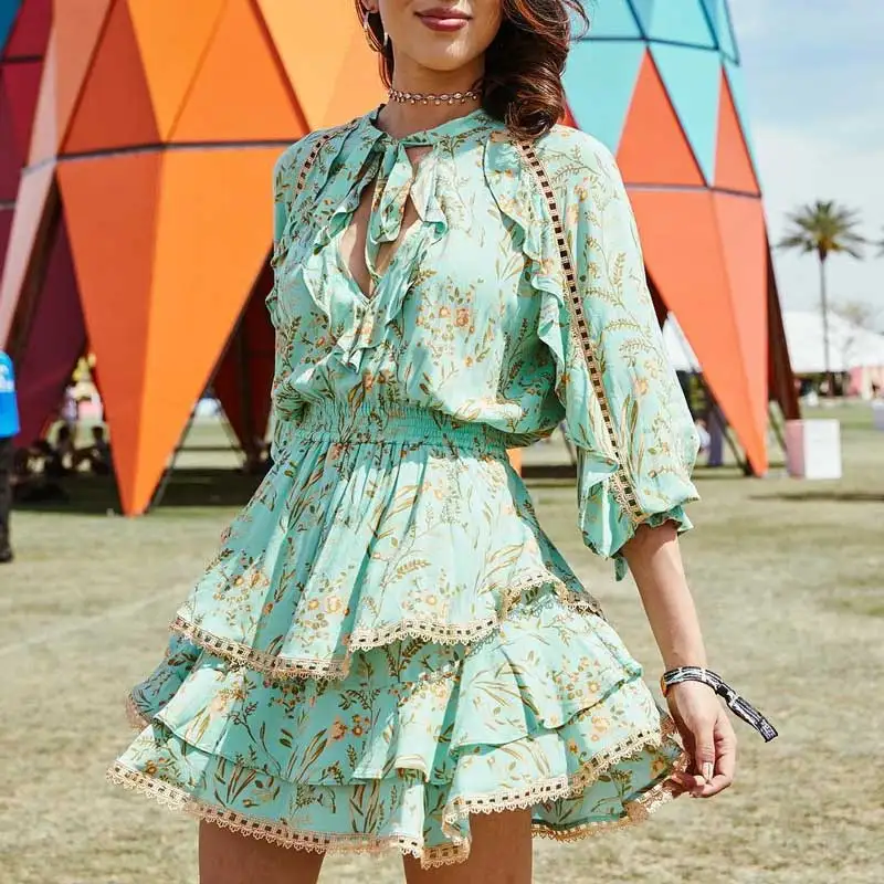 Богемный Вдохновленный Gypsy Playdress 2019 вискоза бирюзовые летние платья Мини женские