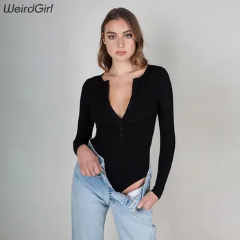 

Weirdgirl women sexy bodysuits new autumn v-neck full sleeve button solid elastic slim female trousers 2019 knitted rompers