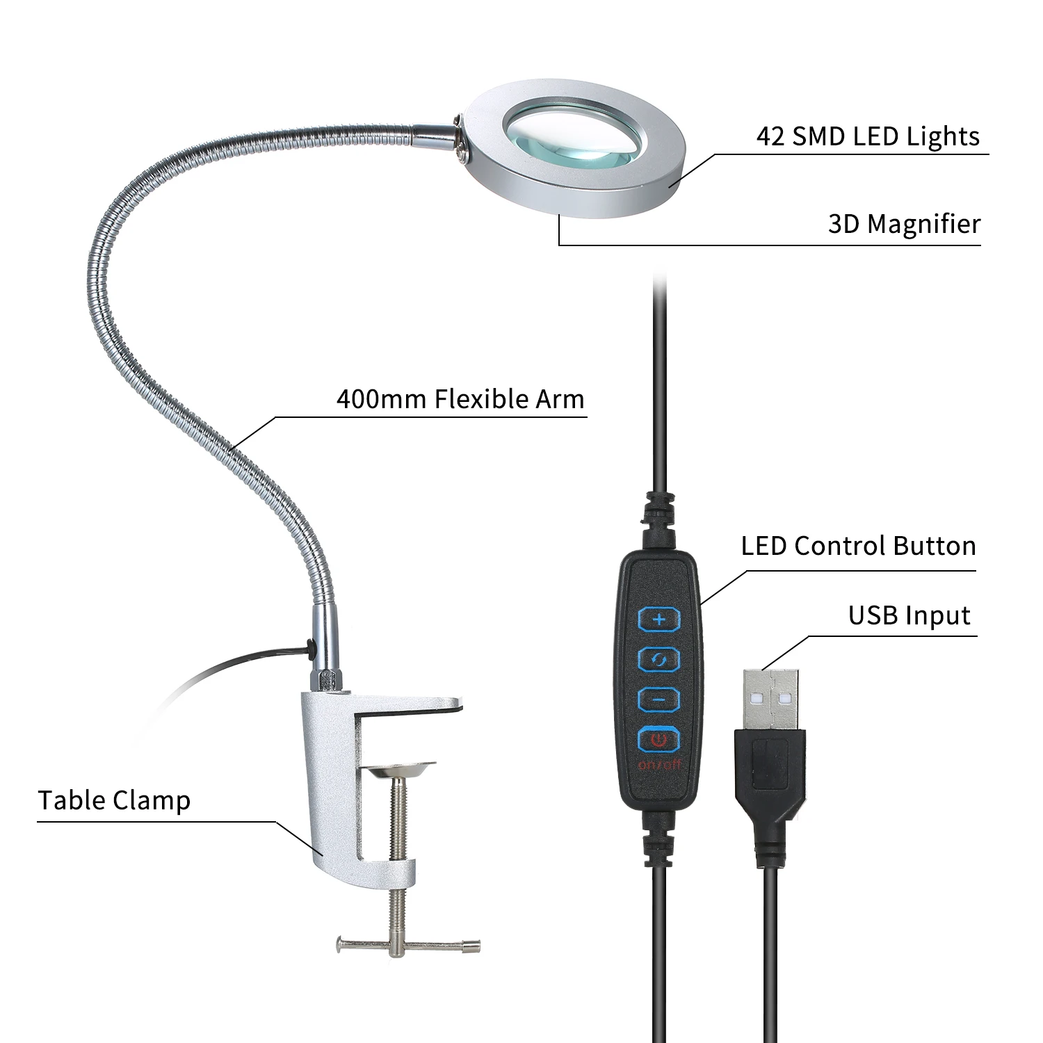 Увеличительное стекло с 42 SMD СВЕТОДИОДНЫЙ Свет 3X Зажимная лупа лампа USB Настольная Лупа Гибкая скамья тиски лупа для чтения