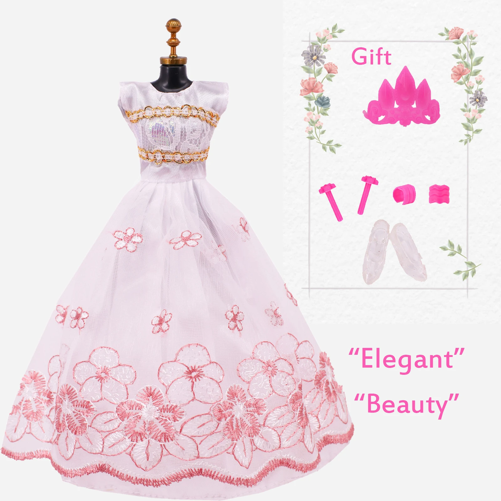 Doll Clothes 5Pcs Handmade Dress Barbies Gowns + Jewelry + Shoes Suitable for 30cm Doll Accessories Diy Gift