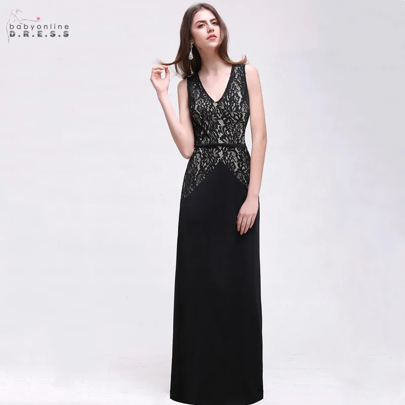 

24 Hours Shipping Black Lace Long Evening Dresses A-line Sexy V-neck Evening Party Dress Sleeveless Elegant Formal Dresses