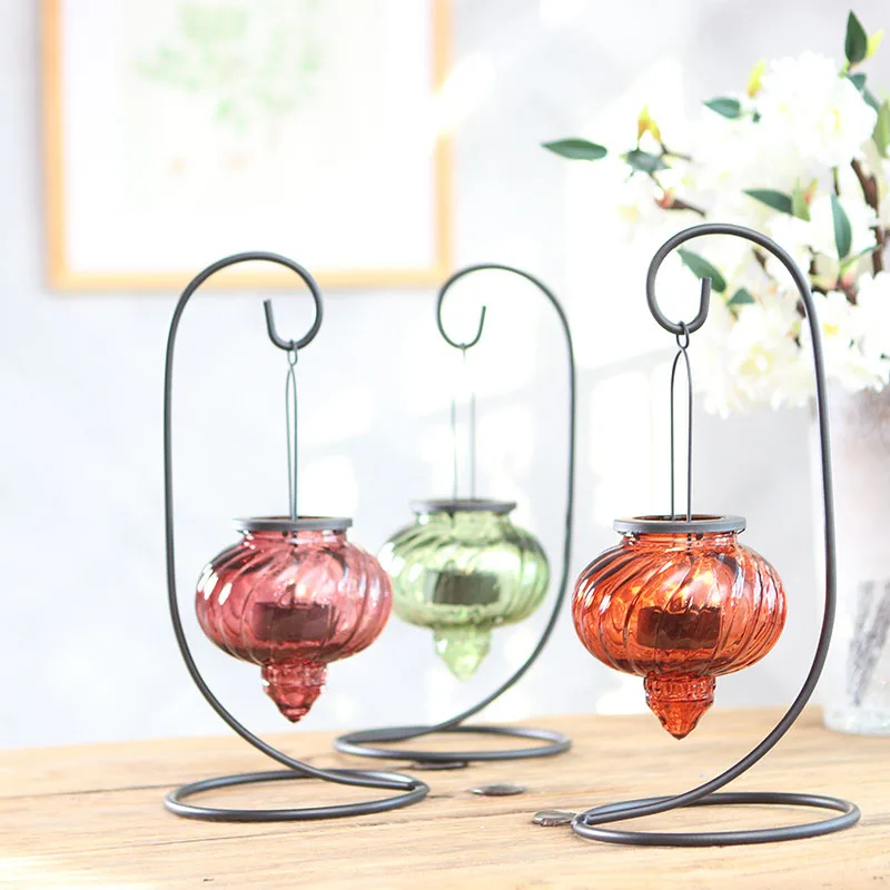 

Creative Iron Art Hanger Candlestick Home Candle Craft Wedding Candlestick Decorations Multi-color Glass Decorative Candlestick