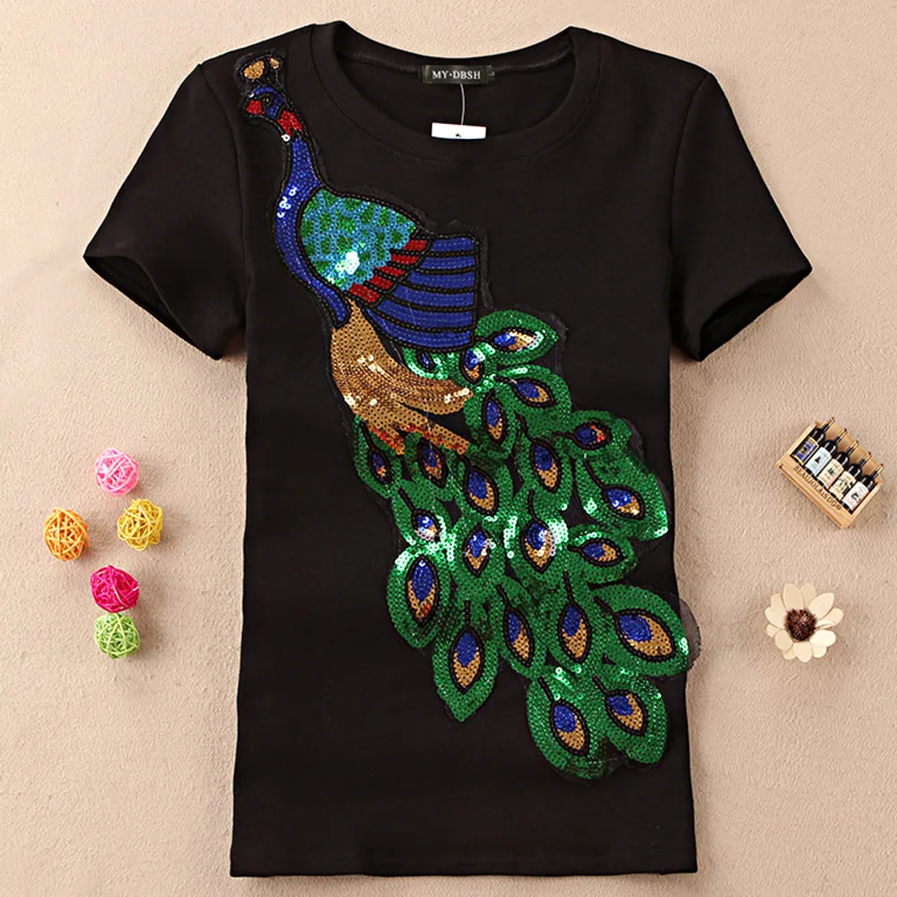 Новая модная женская элегантная футболка с круглым вырезом и вышивкой в виде павлина женская футболка с пайетками Повседневный Топ тройник размера плюс S-4XL - Цвет: O Neck Black