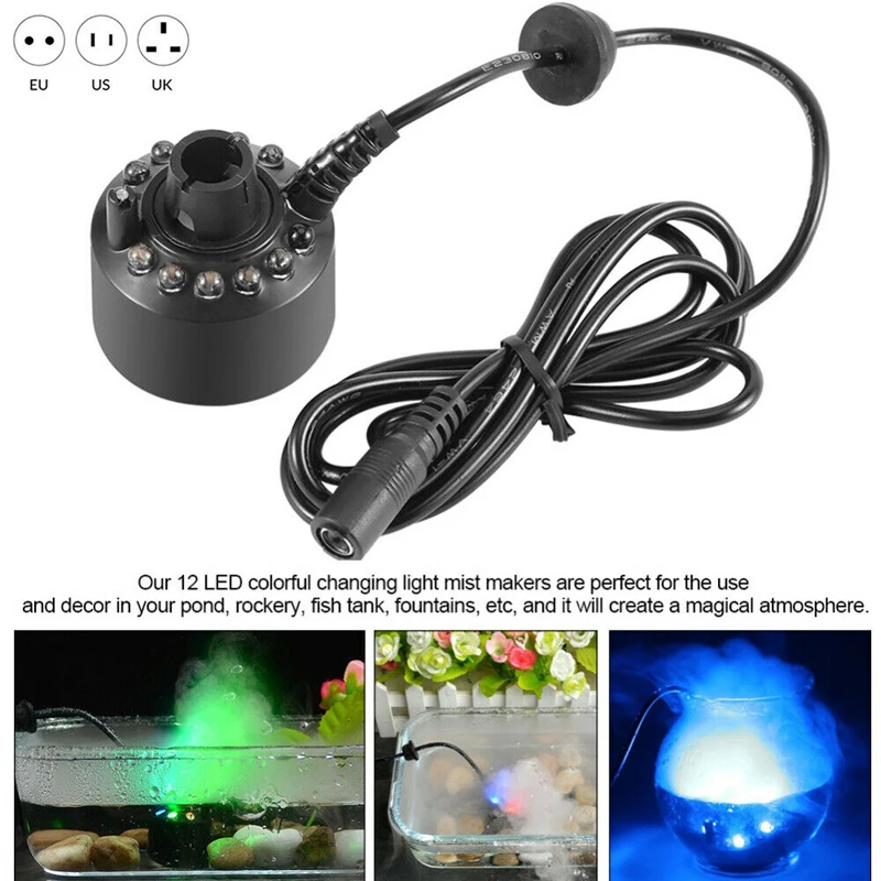 Ultrasonic Mist Maker Water Fountain Pond Atomizer Colorful Proxy Lights With Adapter