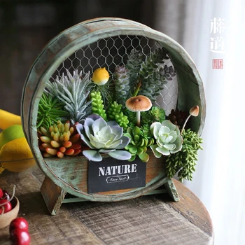 

American Country Do Old Wooden Fake Fleshy Flower Pot Composite Grafts Potted Box Ceramics Household Soft Outfit Furnishi