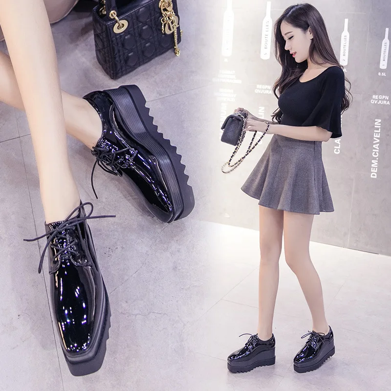 

Patent Leather Platform Shoes Women's Thick Bottomed 2018 Spring And Autumn New Style Korean-style Lace-up Square Head Deep Mout
