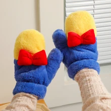 Winter Plush Bow Gloves for Women Kawaii Contrast Color Design Thicken Maintains Warmth Mittens Full-finger Hanging Neck Gloves
