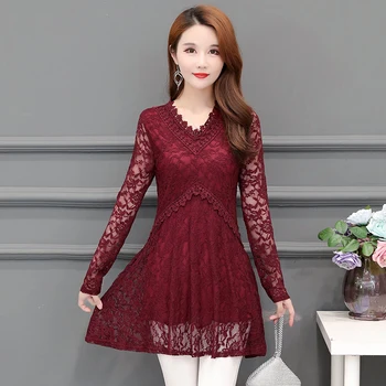 

COIGARSAM Fashion Full Sleeve Lace blouse women New Spring blusas womens tops and blouses Red Black 9500