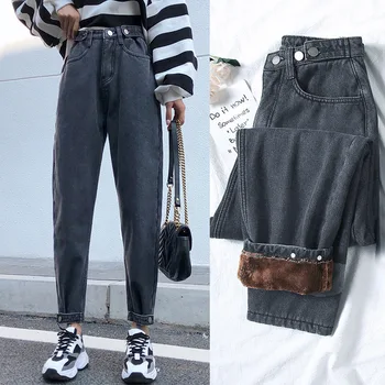 

Loose Plus Velvet Jeans Female 2019 Winter Gao Waist Straight Thin Tube Black Torre Radish Pants