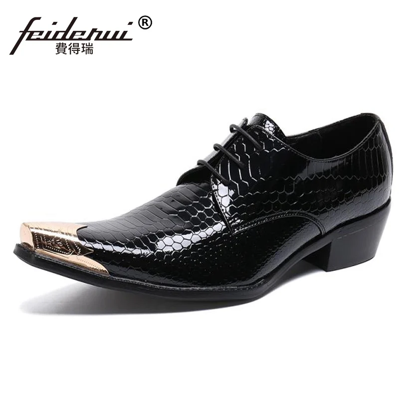 Alligator Pattern High Heels Man Formal Dress Party Shoes Patent Leather Oxfords Metal Toe Derby Men's Wedding Flats SL678