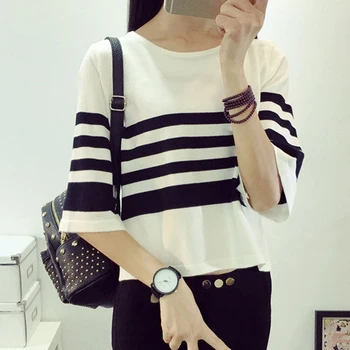 

Spring And Summer Pullovers New Korean Version Of The Striped Sleeve Loose Large Yards Bat Thin Sweater women's 7553