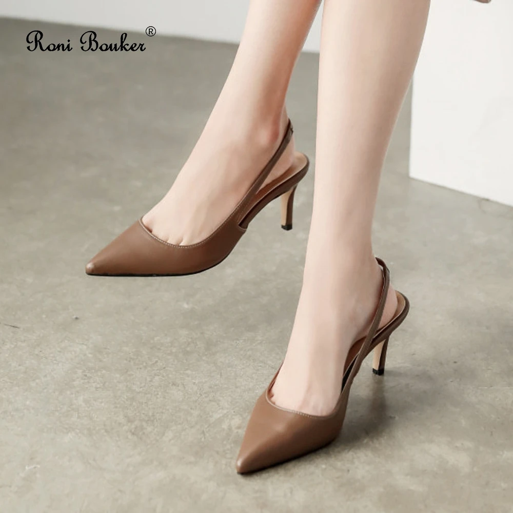 

Roni Bouker Shoes Woman Fashion 8CM Thin Heel Slingbacks Female Dress Prom High Heels Pointed Toe Leather Women's Pumps Dropship