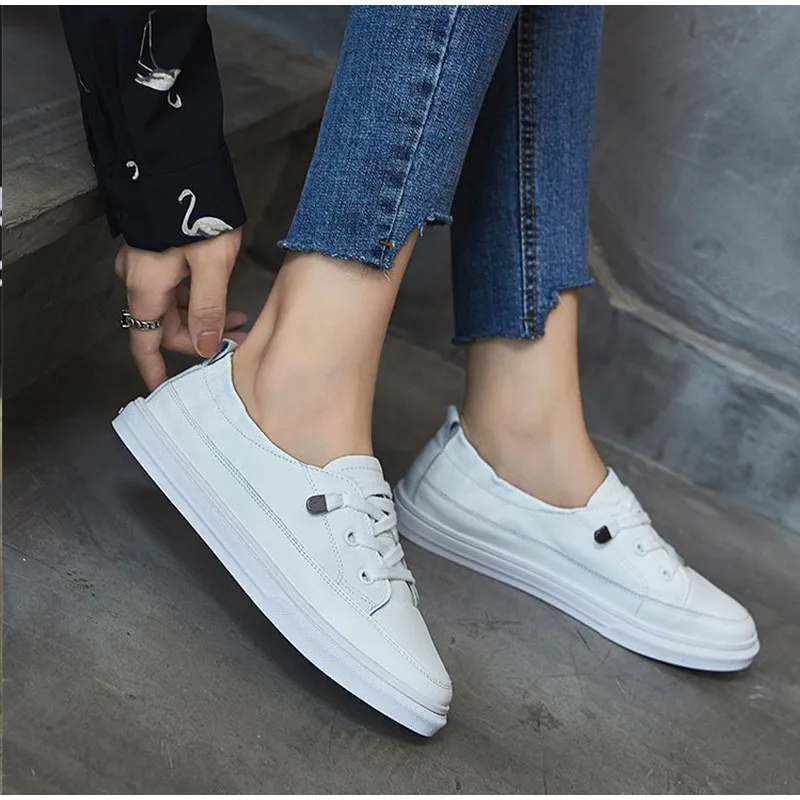 Women Comfy White Flats Pu Soft Leather Ladies Shoes Lace Up Casual Comfort Autumn Vulcanize Fashion Loafers Young Lace-Up