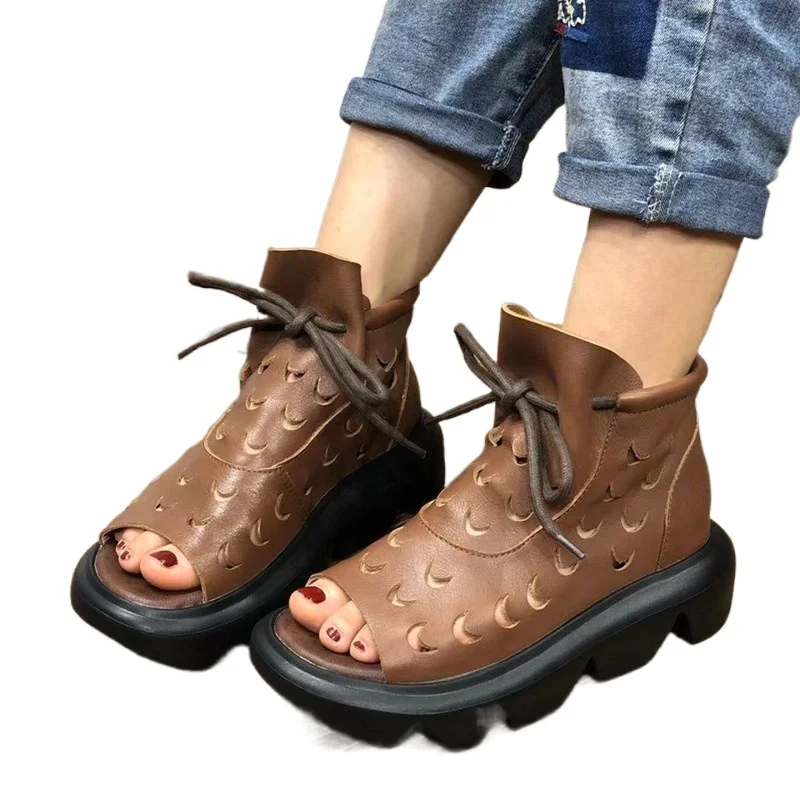 2081-8 retro handmade bottom open mouth fish muffin steering wheel large hole hollow leather women's shoes | Обувь
